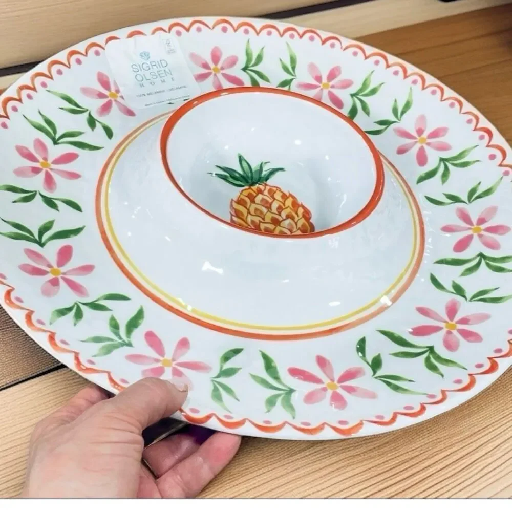 NWT Sigrid Olsen Big Pineapple 100% Melamine Serving Tray Chip & Dip Platter